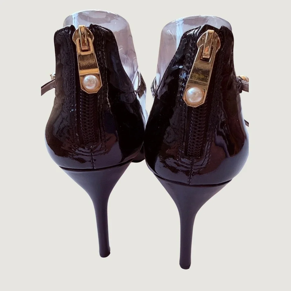 Louise et Cie Womens Patent Leather Multi Strap Pearl Mary Jane Pumps Black 9.5M
